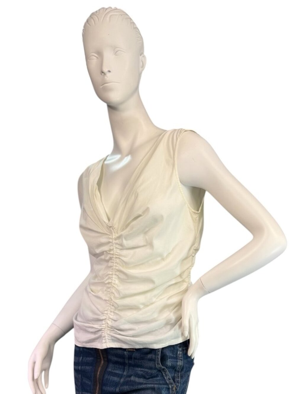 Derek Lam Ruched white V-Neck Sleeveless Top $198 Cotton Stretch Blend Size 4